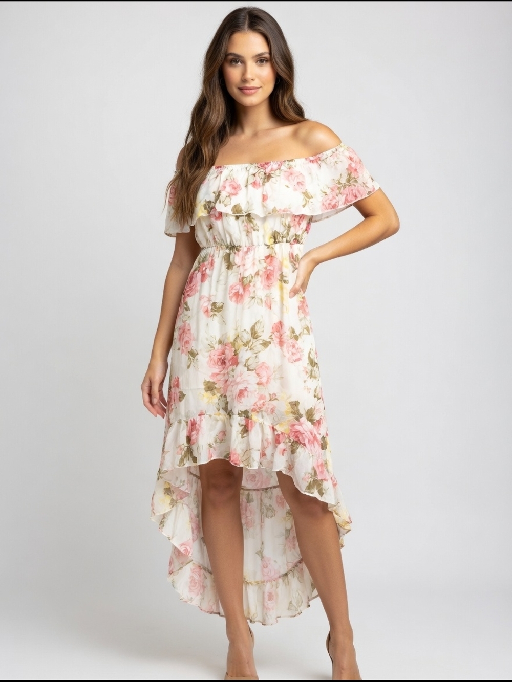love J Cream Floral Off-Shoulder Hi-Low Dress with Pink Roses